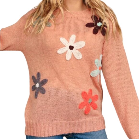Haptics Sweaters - Haptics Peach Crewneck Sweater – Floral Appliqué Knit Pullover